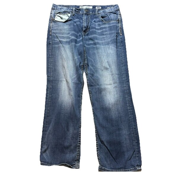Buckle BKE Seth Jeans Men 36R Blue Relaxed Straight Thick Stitch Dark Wash Denim - Picture 1 of 10